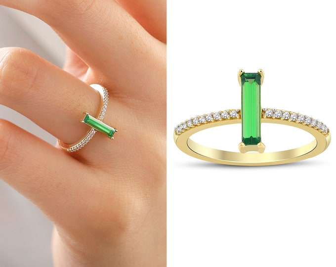 Emerald Zircon Gemstone 14k Gold Slim Rectangular w/Zircon Bezel Setting Band | Infinity Rings, Valentines Day Gift, Mom Gift, Gift for Her
