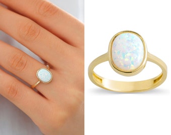 14k Gold White Opal Ring | October Birthstone Jewelry, Promote Calmness, Blue Opal Ring, Creativity Gemstone, October Gift, Anniversary Gift