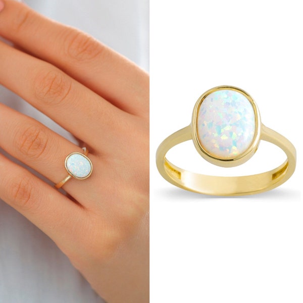 14k Gold White Opal Ring | October Birthstone Jewelry, Promote Calmness, Blue Opal Ring, Creativity Gemstone, October Gift, Anniversary Gift