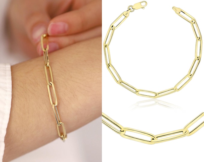 Elongated paperclip chain 14k gold bracelet | 5mm rectangle paperclip bracelet, layering bracelet, unisex chain, gift for her, gift for him