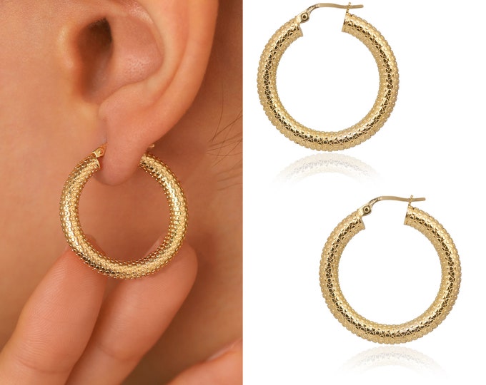 14K Gold Spotted Hoop Earrings | Thick Round Earrings, Scale Design Daily Use Jewelry, Gift for Daughter, Graduation Gift, Gift for Her