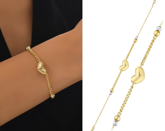 14K Gold Puffy Heart Pendant Bracelet | Thick Curb Chain, Heavy Jewelry, Stunning Bracelet, Crystal Balls | Gift for Her, Graduation Gift