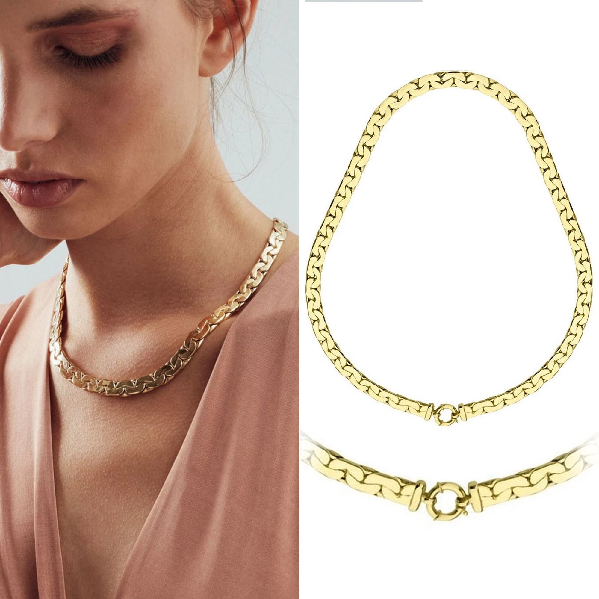 Heart Charm Sailor Lock Herringbone Chain Necklace 14k Gold 