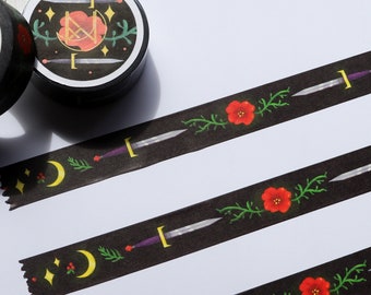 Gothic Blumen Washi Klebeband mit Dolchen / Schwertern, Mond und Sternen himmlischen Designs und Beeren für bujo und stationär