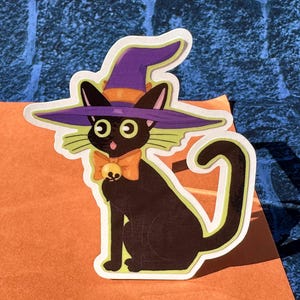 Sticker Halloween sorcière chat noir 3" vinyle