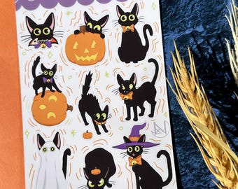 Hoja de pegatinas de Halloween de gato negro linda