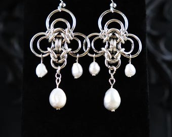 Klee Ohrringe Edelstahl Chainmaille Süßwasser Perle Ohrringe
