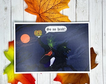 No Head Headless horseman funny Halloween postcard and print