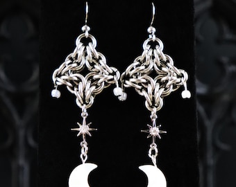 Selune Edelstahl Chainmaille Mond und Stern Ohrringe
