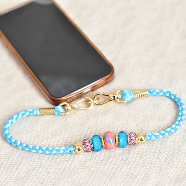 Phone jewelry • Blue, Pink • Phone accessory • Women's gift idea • pearl phone bracelet • Cord • Phone Strap
