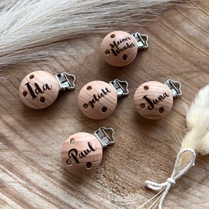 Wooden pacifier clip with personalized engraving