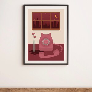 May include: A framed illustration of a pink rotary phone with a cord, a vase with pink flowers, and a window with a cityscape and a crescent moon in the background.