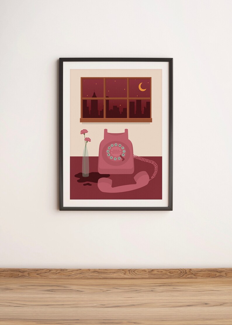 May include: A framed illustration of a pink rotary phone with a cord, a vase with pink flowers, and a window with a cityscape and a crescent moon in the background.
