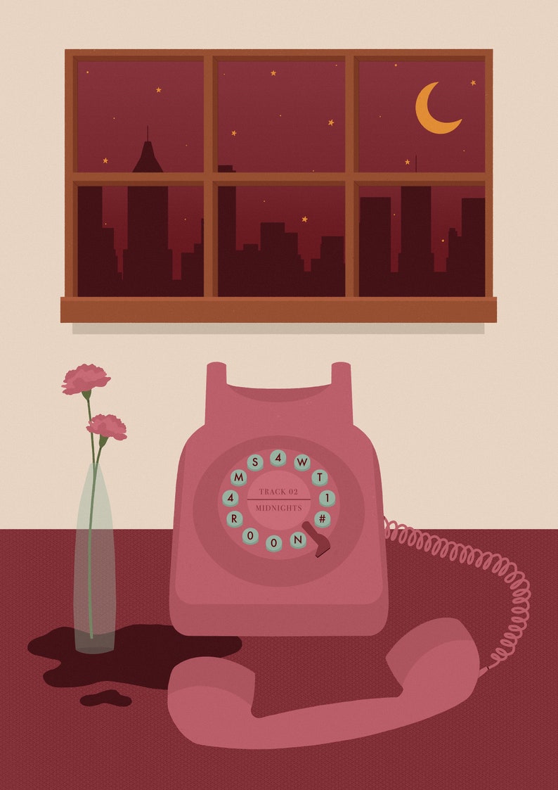 May include: A pink rotary phone with a black dial and a white dial face. The dial face has the numbers 4, 1, 0, and the letters M, S, W, T, R, O, N. The text "TRACK 02 MIDNIGHTS" is printed on the dial face. The phone is on a red surface with a vase of pink carnations and a spilled liquid.