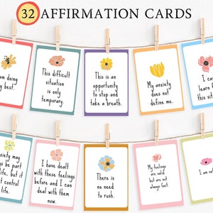Tarjetas de afirmaciones positivas, herramientas de terapia grupal, tarjetas con frases para afrontar la ansiedad, técnicas de conexión a tierra, arte de salud mental, tarjetas de atención plena.