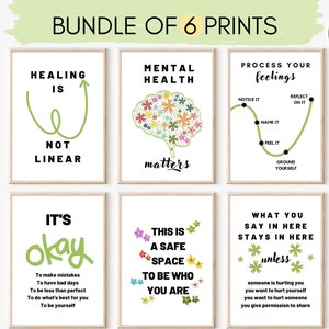 Therapy Bundle Set of 6 Counselor Posters,Mental Health Psychologist Office Signs,Therapist Gifts,Calming Corner Social Worker Printables