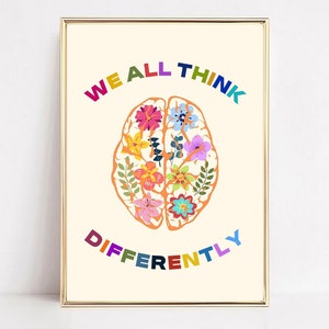 Neurovielfalt Digitales Poster, Wir alle denken anders, Gehirn Kunst, Neurovielfalt, Bürodekoration für Therapeuten, Counselor Wandschild, CBT