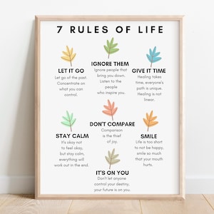 Póster digital "7 Reglas de Vida", impresión de afirmaciones positivas, decoración para consultorios de terapia, arte de sentimientos, cita de felicidad, psicología social, pósteres de bienestar.