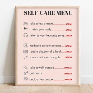 Póster de autocuidado, impresión de amor propio, arte de terapia de salud mental, kit de relajación, decoración de la oficina del consejero escolar, regalo del terapeuta, herramienta de bienestar