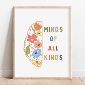 May include: A colorful illustration of a brain with flowers inside, with the text "MINDS OF ALL KINDS" on the right side.