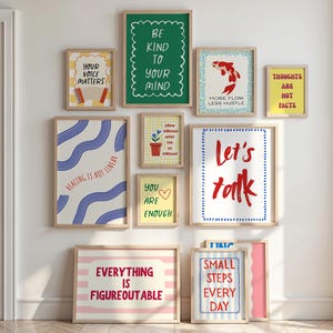 Set med 10 trendiga posters för terapimottagning, motiverande tryck om mental hälsa, maximalist, dekor för terapeutmottagning, nedladdningar av positiv affirmation