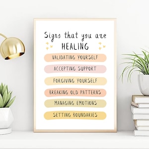 Signs You Are Healing Print,Therapy Office Decor,Healing is not Linear,Mental Health Poster,Recovery Poster, Self Care Art,Mindfulness Sign