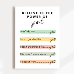 May include: A motivational poster with the text "BELIEVE IN THE POWER OF yet" and five lines of text with the phrases "I can't do this... yet", "I'm not good at this... yet", "I don't understand this... yet", "This doesn't make sense... yet", and "It doesn't work... yet". Each line of text is separated by a horizontal line with a different color.