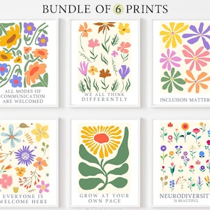 Puede incluir: Un conjunto de seis impresiones artísticas con diseños florales coloridos. Cada impresión presenta un mensaje diferente, como "La inclusión importa" y "La neurodiversidad es hermosa". Las impresiones son una descarga digital.