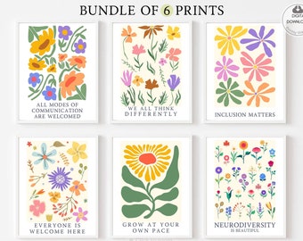 Therapy Office Decor Flower Market Set of 6 Floral Signs Neurodiversity Counseling Posters ADHD Art Psychologist Bundle Mental Health Quotes