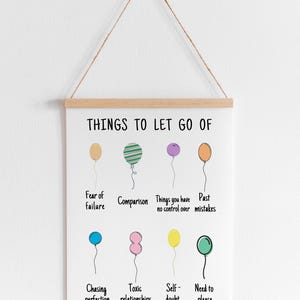 May include: A printable wall art poster with the text "Things to Let Go Of" and colourful balloons representing different things to let go of, such as fear of failure, comparison, things you have no control over, past mistakes, chasing perfection, toxic relationships, self-doubt, and the need to please.