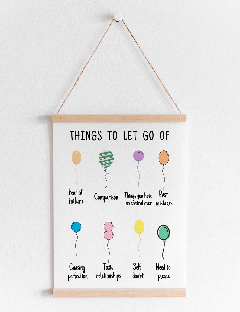 May include: A printable wall art poster with the text "Things to Let Go Of" and colourful balloons representing different things to let go of, such as fear of failure, comparison, things you have no control over, past mistakes, chasing perfection, toxic relationships, self-doubt, and the need to please.