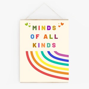 May include: A colorful rainbow design with the text "MINDS OF ALL KINDS" in a variety of colors. Two small hearts are on either side of the word "MINDS".