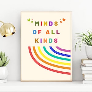 May include: A beige poster with a rainbow arc and the text "MINDS OF ALL KINDS" in colorful letters. Two small hearts are above the word "MINDS".