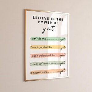 May include: A motivational poster with a gold frame and the text "BELIEVE IN THE POWER OF yet" in black. The poster features five lines of text with the phrase "yet" at the end of each line. The lines are "I can't do this... yet", "I'm not good at this... yet", "I don't understand this... yet", "This doesn't make sense... yet", and "It doesn't work... yet".