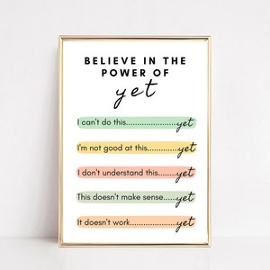 May include: A motivational poster with the text "Believe in the power of yet."  The poster features five phrases with the word "yet" at the end of each phrase: "I can't do this yet", "I'm not good at this yet", "I don't understand this yet", "This doesn't make sense yet", and "It doesn't work yet".