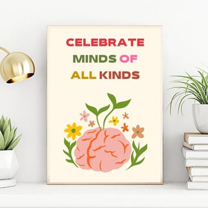 Celebrate Minds Of All Kinds Neurodiversity Poster,ADHD Autism Awareness,Mental health art,Therapeutic aids,Psychologist decor,Therapy CBT