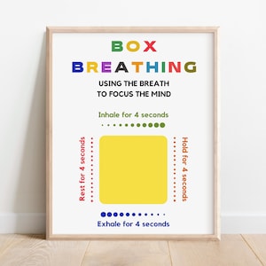 Puede incluir: Un póster imprimible con instrucciones para la respiración en caja, una técnica que utiliza la respiración para enfocar la mente. El póster presenta una caja amarilla con puntos que representan cuatro segundos para inhalar, mantener, exhalar y descansar.