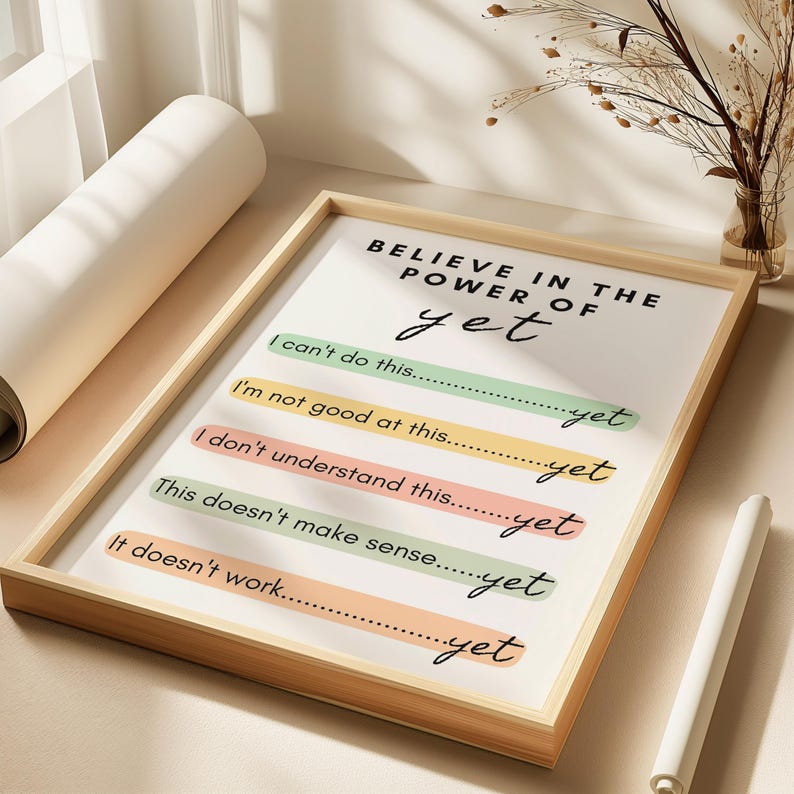May include: A motivational poster with the text "Believe in the power of yet" and a list of phrases like "I can't do this... yet" and "It doesn't work... yet". The poster has a light brown background with colorful lines.