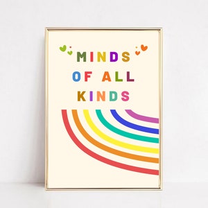 May include: A framed print with a rainbow arc and the text "MINDS OF ALL KINDS" in colorful letters. Two small green hearts are above the text and two small red hearts are below the text.