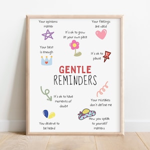 Gentle Reminders Poster Positive Affirmations Daily Calming Corner Wellbeing Art Therapist Gift School Counselor Tool Self Love Office Desk
