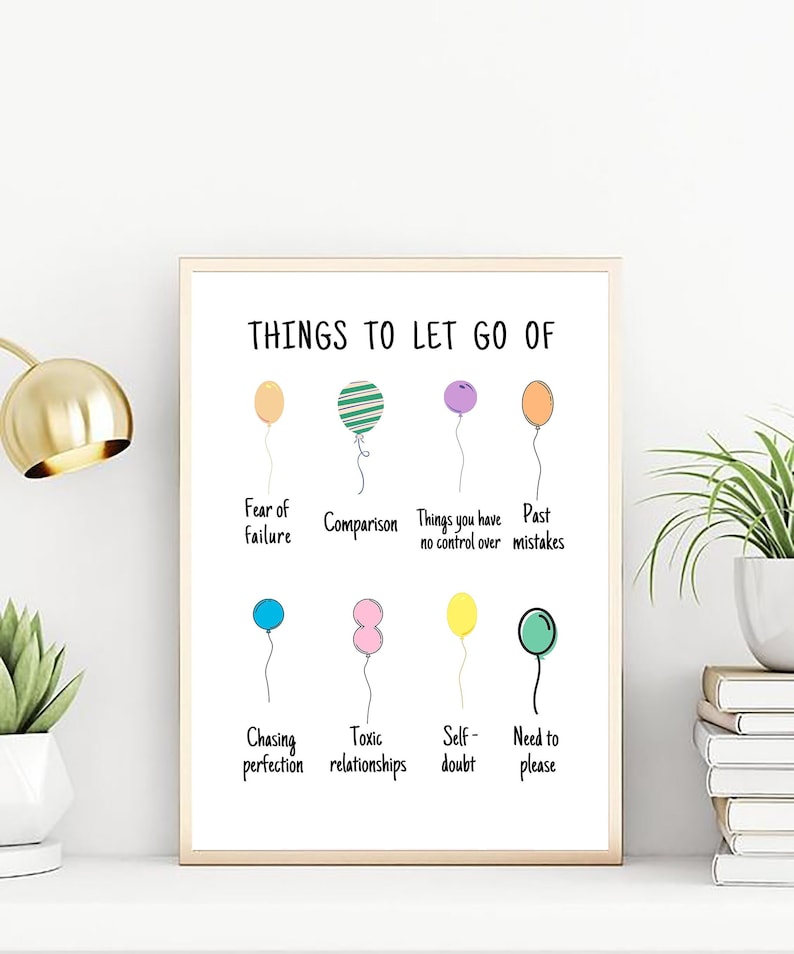 May include: A printable poster with the text "THINGS TO LET GO OF" and a list of things to let go of, such as fear of failure, comparison, things you have no control over, past mistakes, chasing perfection, toxic relationships, self-doubt, and the need to please. Each item is illustrated with a colourful balloon.