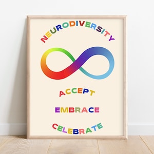 Puede incluir: Una impresión enmarcada con un símbolo de infinito arcoíris y las palabras "Neurodiversidad", "Aceptar", "Abrazar" y "Celebrar".