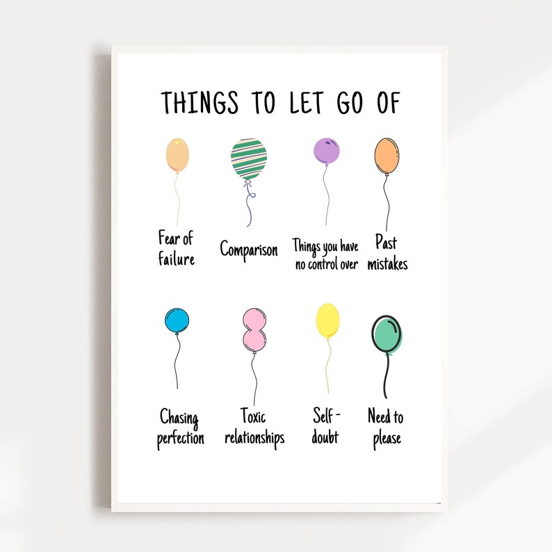 May include: A printable poster with a white background and colourful balloons. The poster lists things to let go of, including fear of failure, comparison, things you have no control over, past mistakes, chasing perfection, toxic relationships, self-doubt, and the need to please.