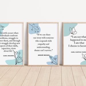 Conjunto de 3 impresiones digitales de Carl Jung, Carl Rogers y Brene Brown, citas de psicología, decoración para consultorios de terapia, arte psicológico, letreros de asesoramiento.