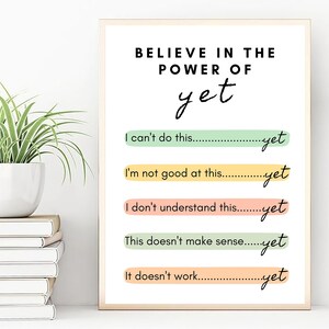 May include: A motivational poster with the text "Believe in the power of yet."  The poster features five lines of text with the word "yet" at the end of each line. The lines are: "I can't do this... yet", "I'm not good at this... yet", "I don't understand this... yet", "This doesn't make sense... yet", and "It doesn't work... yet".