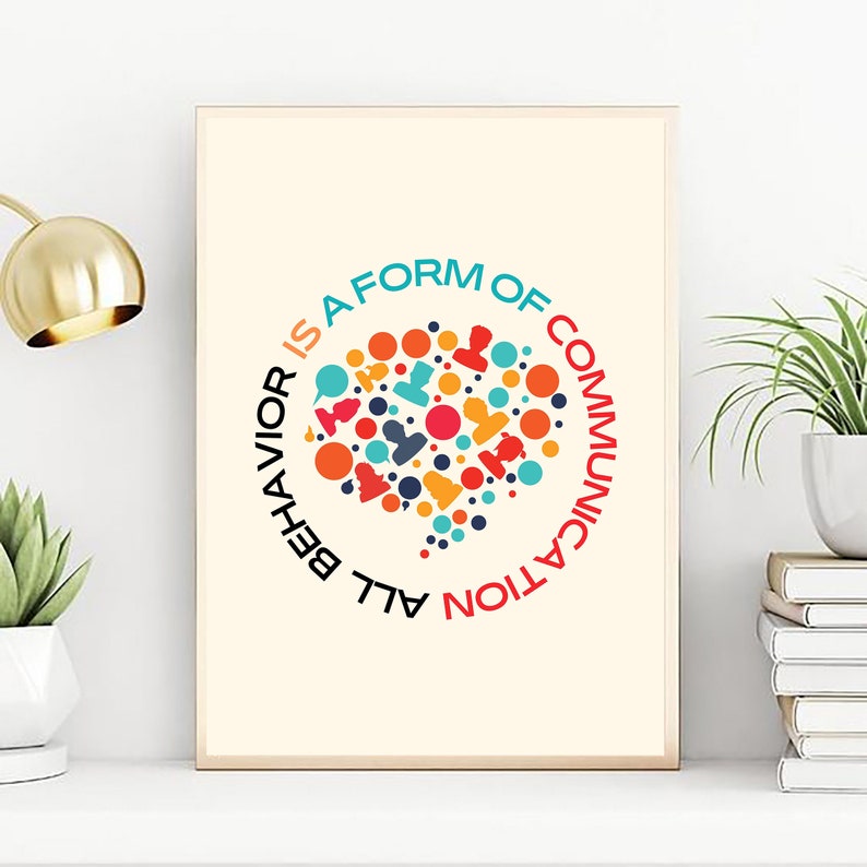 May include: A beige poster with a circle of colorful icons and the text "All behavior is a form of communication".
