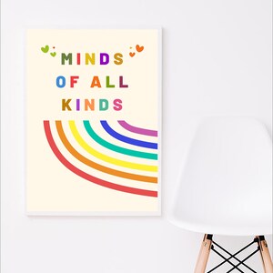 May include: A white poster with a rainbow arc and the text "MINDS OF ALL KINDS" in colorful letters with hearts on either side of the word "MINDS".
