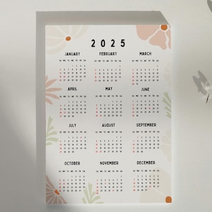 2025 Year Calendar Printable,floral Minimalist Yearly Office Wall