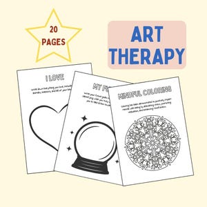 Peut inclure: Un ensemble de 20 pages à colorier imprimables pour l'art-thérapie. Les pages présentent un cœur, une boule de cristal et un mandala. Le texte sur les pages indique "J'aime", "Mon futur" et "Coloriage mindful".