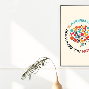 May include: A beige poster with a black frame features a colorful graphic of a speech bubble with the text "All behavior is a form of communication".